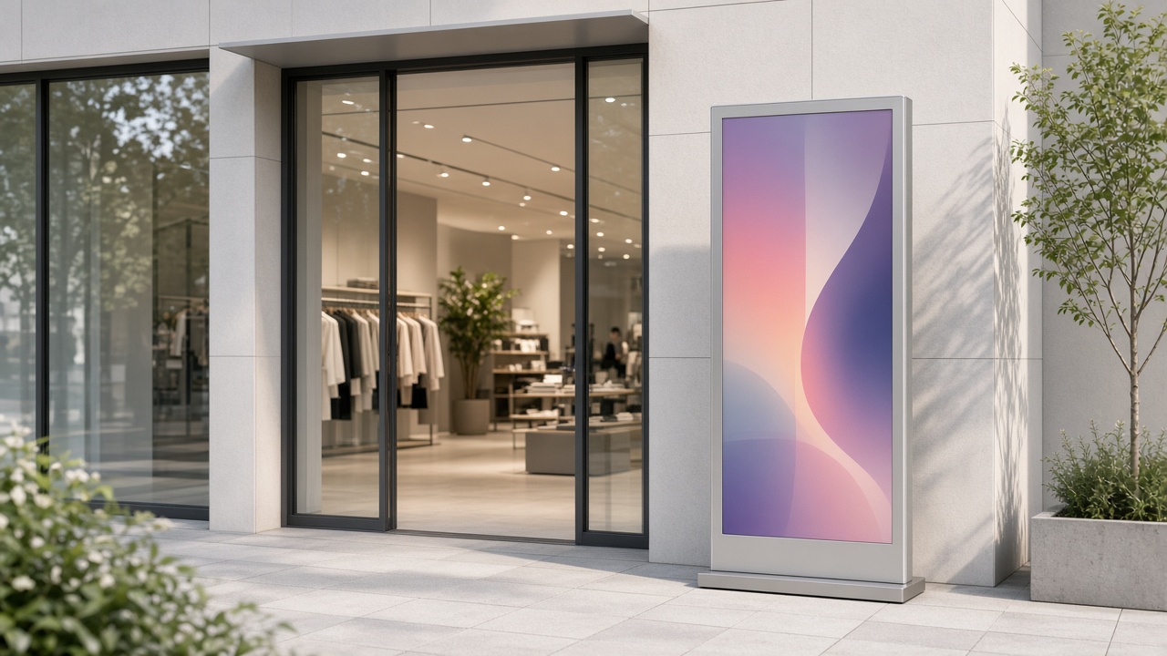 LED poster beside a store entrance with a promotion on screen