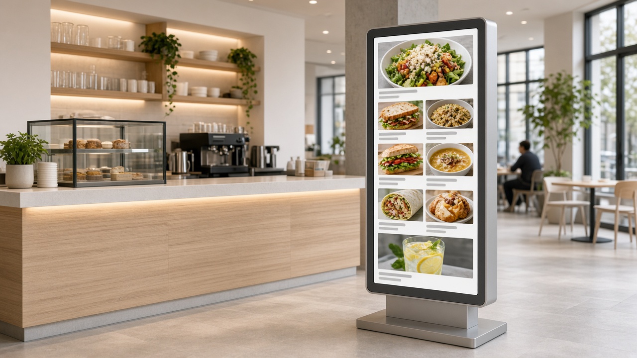 LED poster showing a restaurant menu beside the counter
