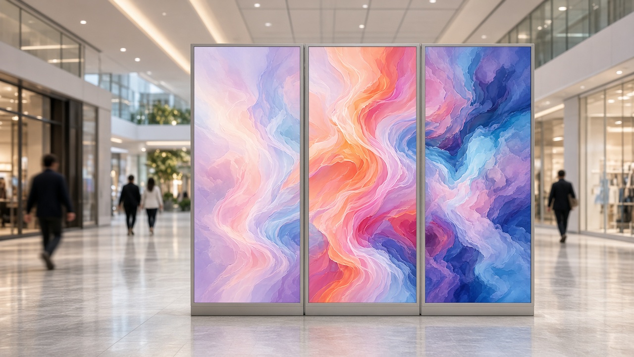 Row of LED posters in a shopping center concourse