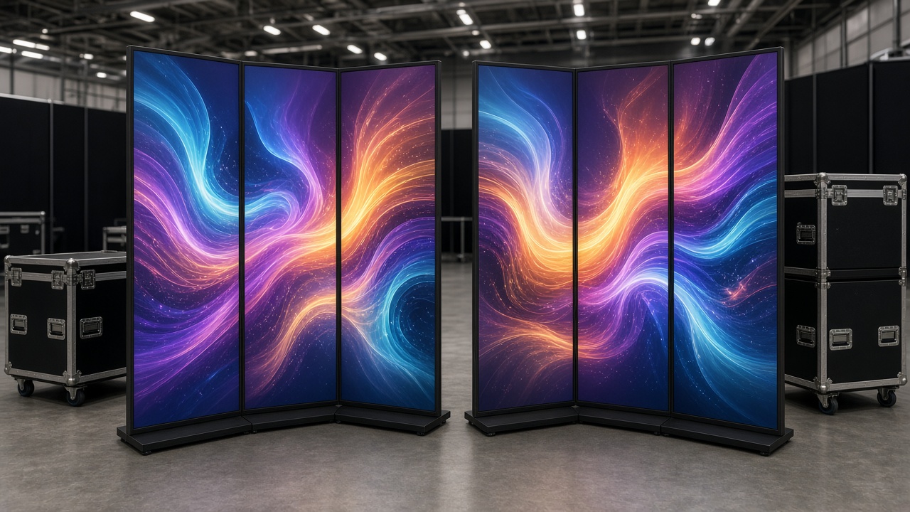Two tri-fold LED posters side by side in a trade show booth