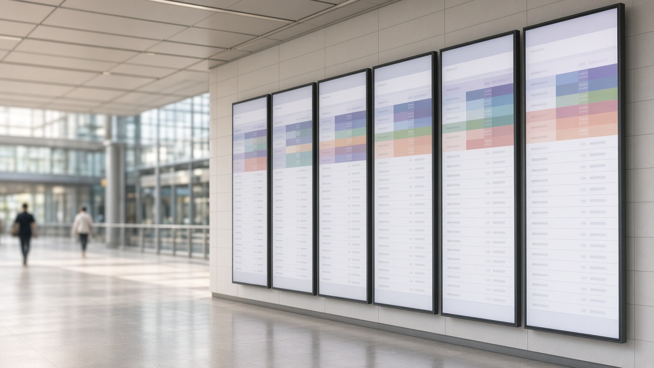 Wall of LED posters in a transit concourse showing a timetable-style layout