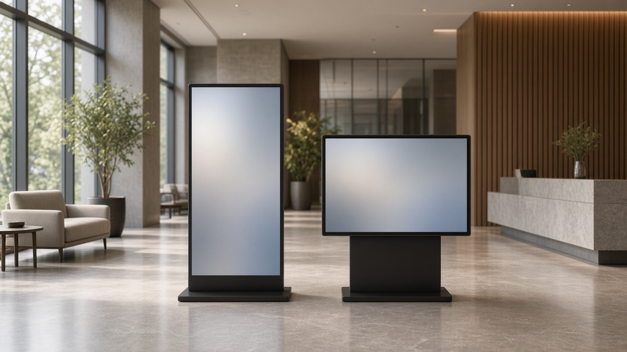LED poster and LCD kiosk side by side in a lobby