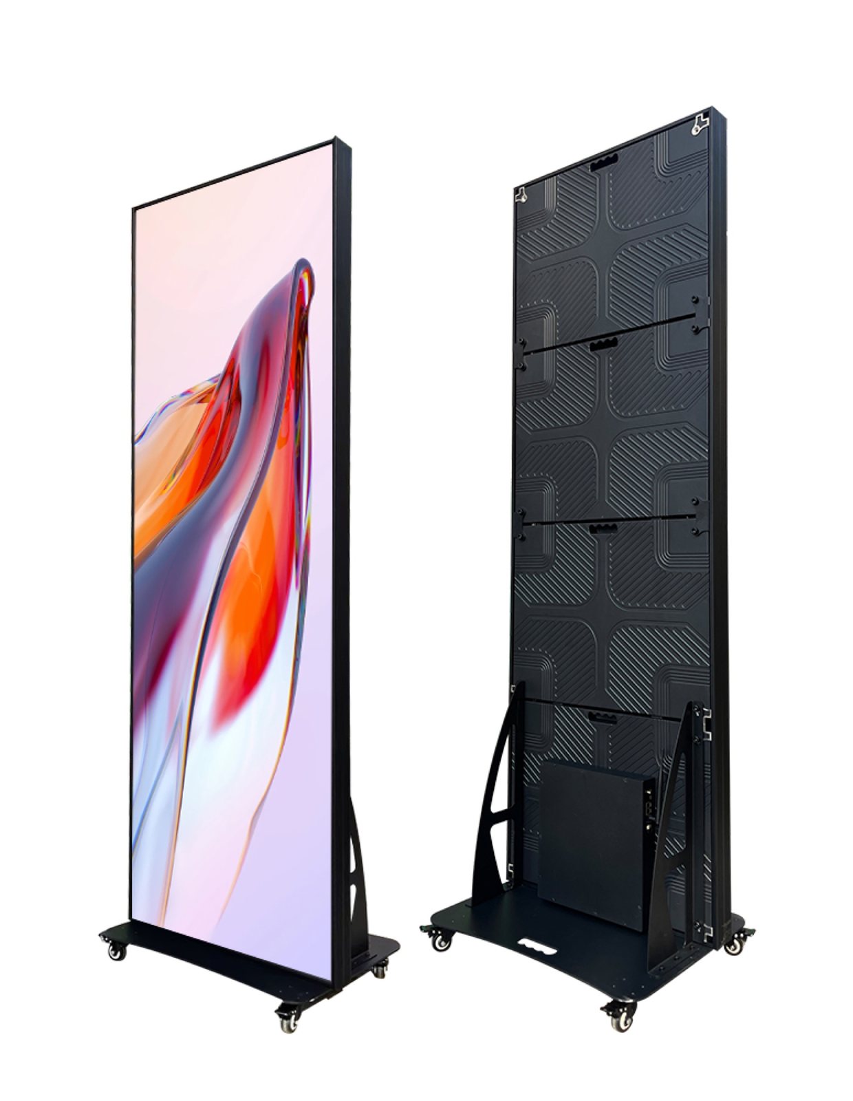Indoor die-cast LED poster 640×1920, front view and rear view, on casters