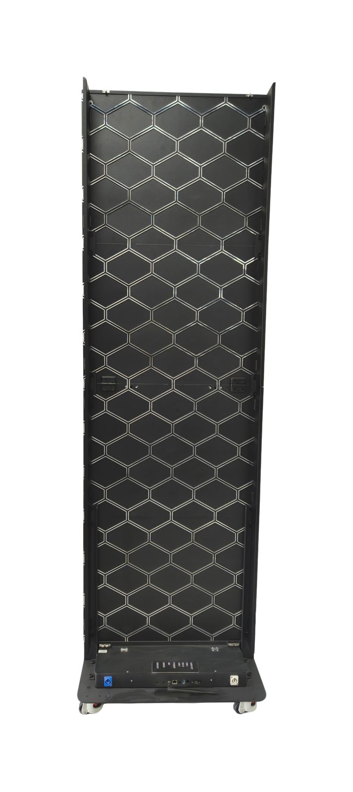 Indoor LED poster 640×1920, die-cast cabinet, rear view closed, on casters