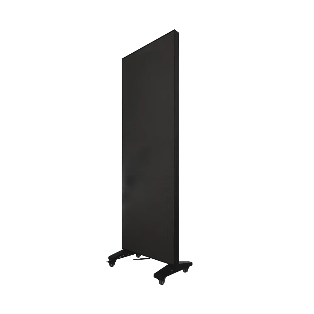 Indoor LED poster 640×1920, aluminium profile cabinet, three-quarter view from the left, on casters