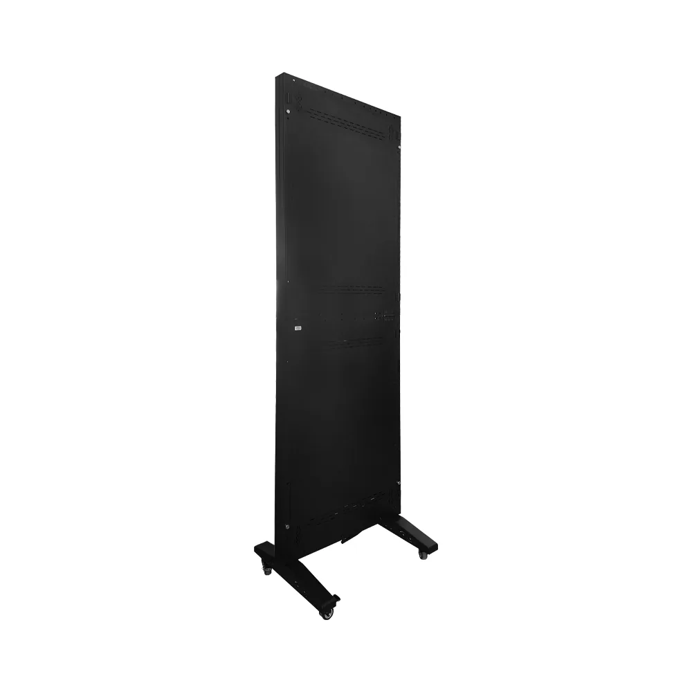 Indoor LED poster 640×1920, aluminium profile cabinet, three-quarter rear view, on casters