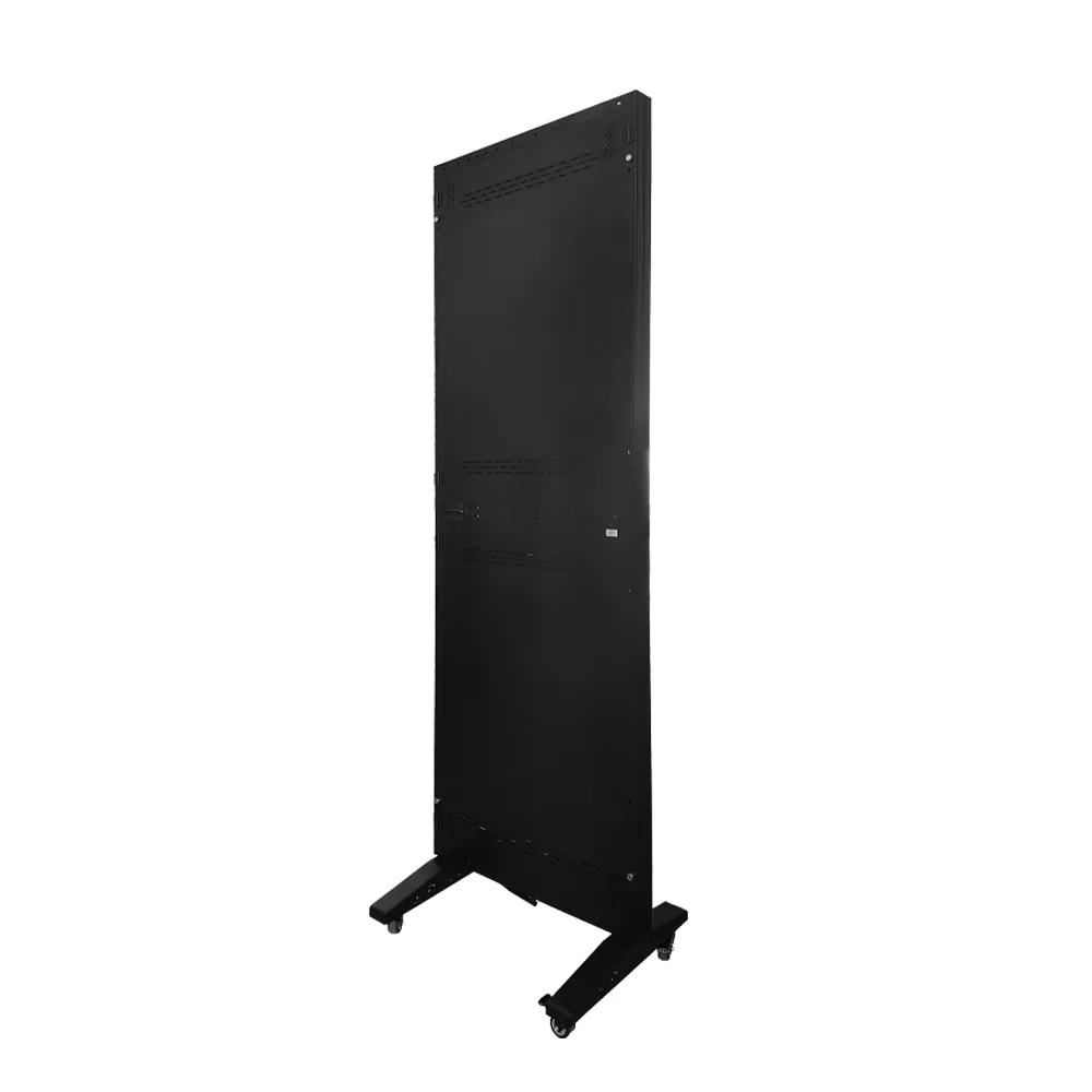 Indoor LED poster 640×1920, aluminium profile cabinet, angled rear view, on casters