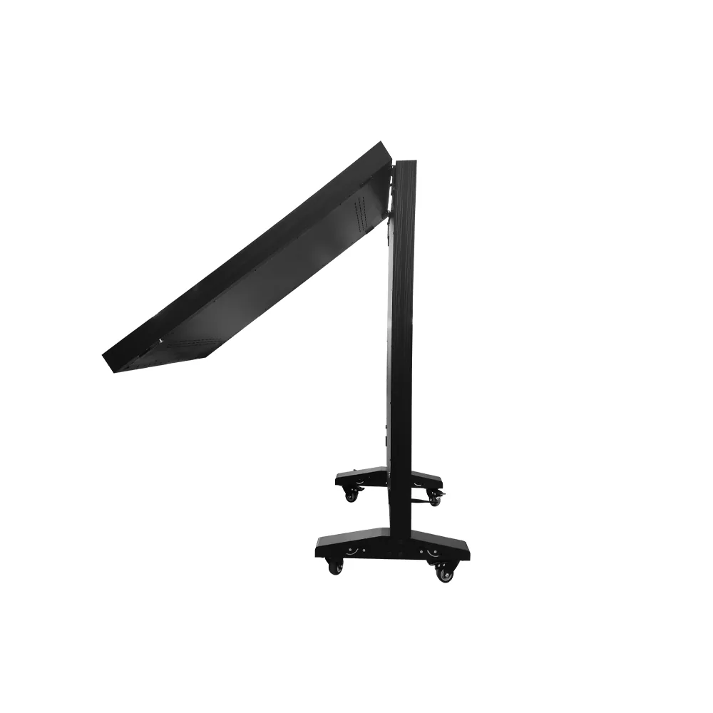 Indoor LED poster 640×1920, aluminium profile cabinet, tilted to near-horizontal on its stand, on casters