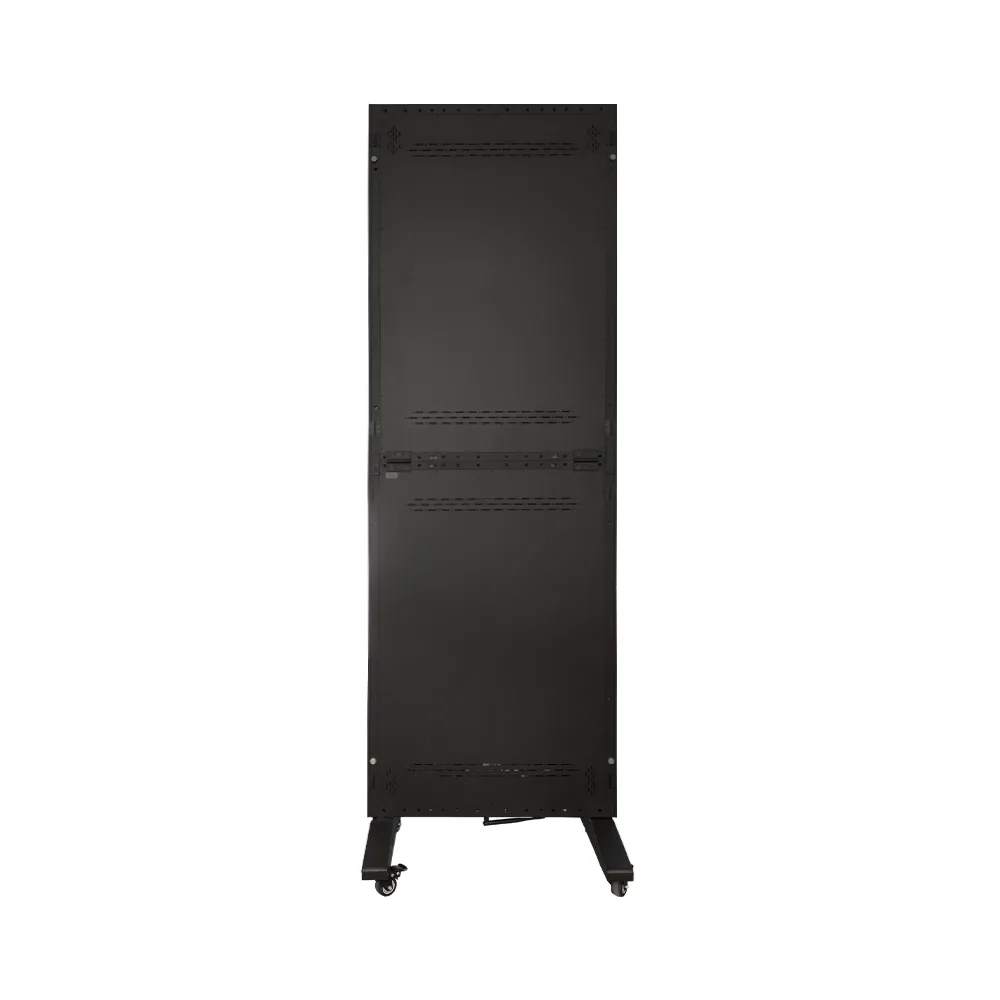 Indoor LED poster 640×1920, aluminium profile cabinet, rear view with rear door closed, on casters