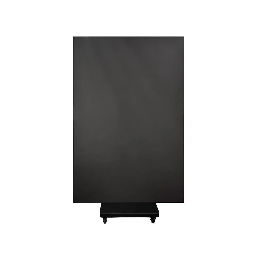 Indoor tri-fold LED poster 1280×1920, front view, panels open, on caster base