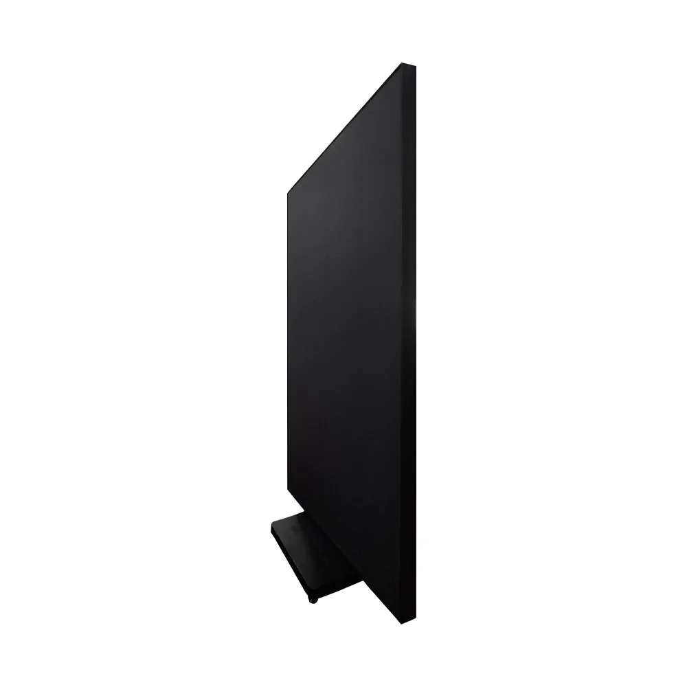 Indoor tri-fold LED poster 1280×1920, angled side view, on caster base