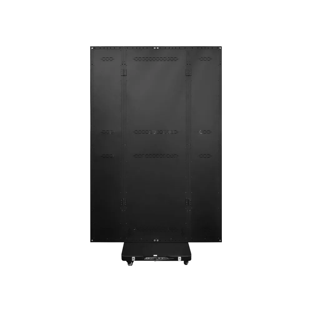 Indoor tri-fold LED poster 1280×1920, rear view, on caster base
