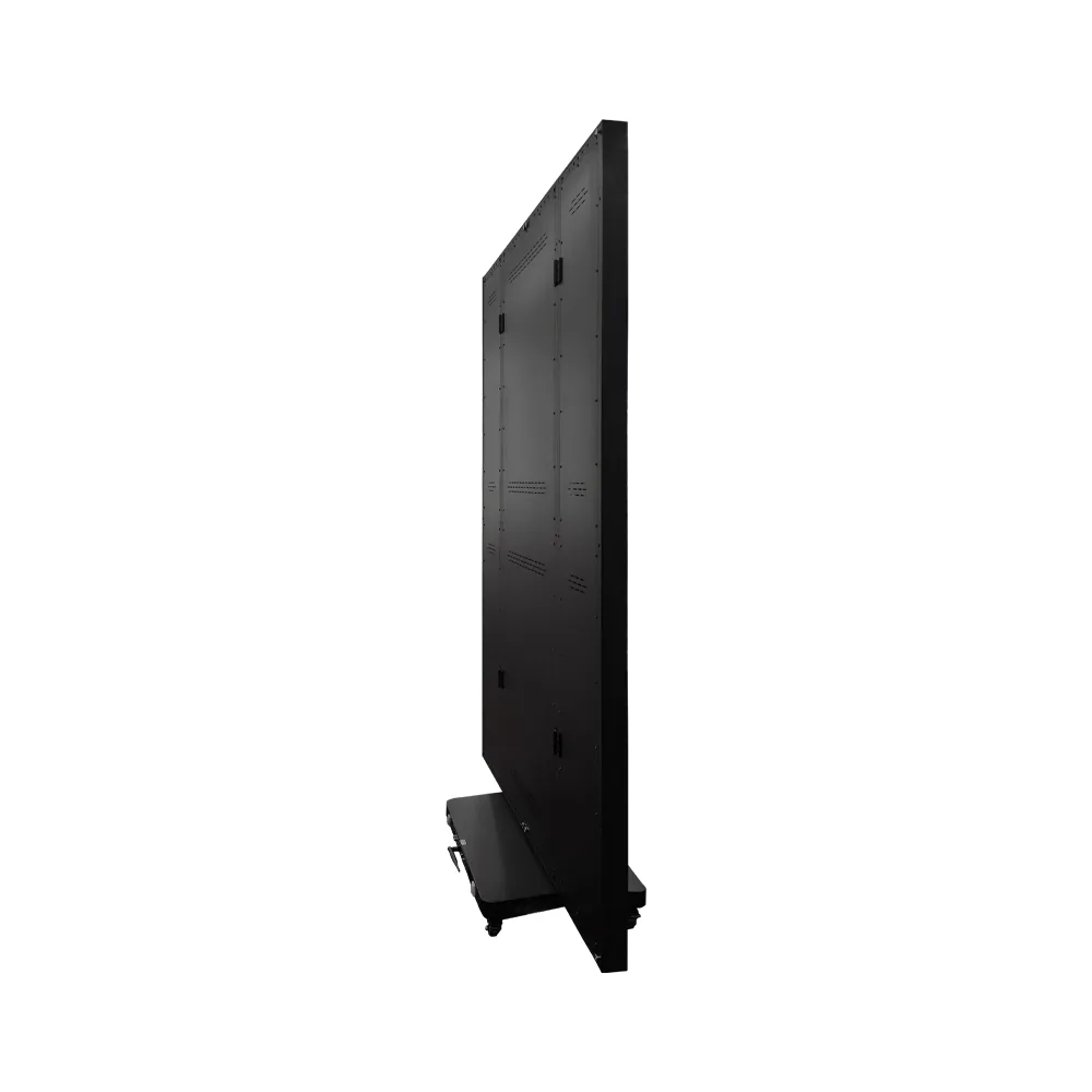 Indoor tri-fold LED poster 1280×1920, three-quarter rear view from the left, on caster base