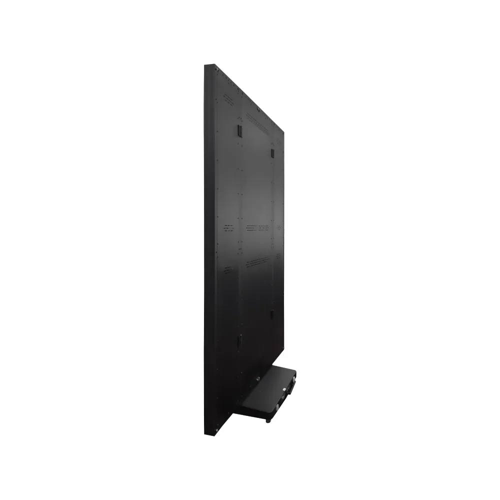 Indoor tri-fold LED poster 1280×1920, three-quarter rear view from the right, on caster base