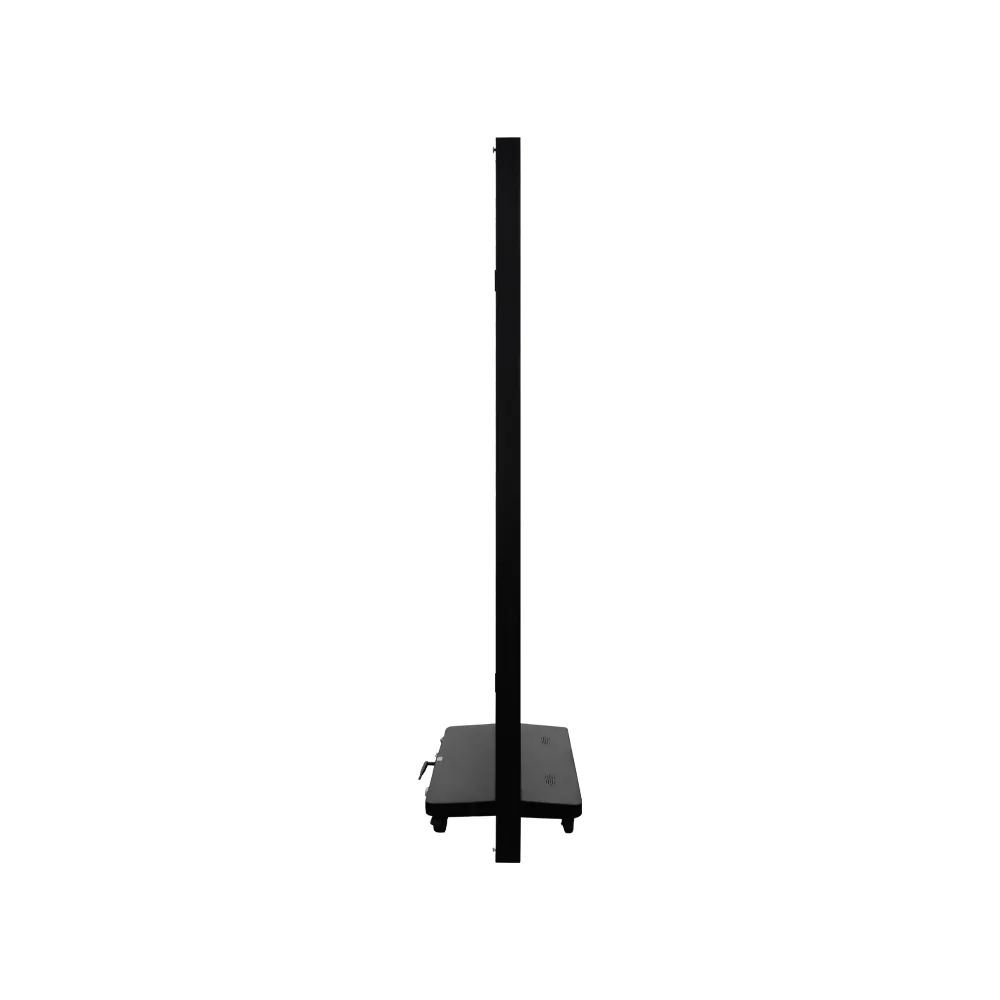 Indoor tri-fold LED poster 1280×1920, edge-on side view, on caster base