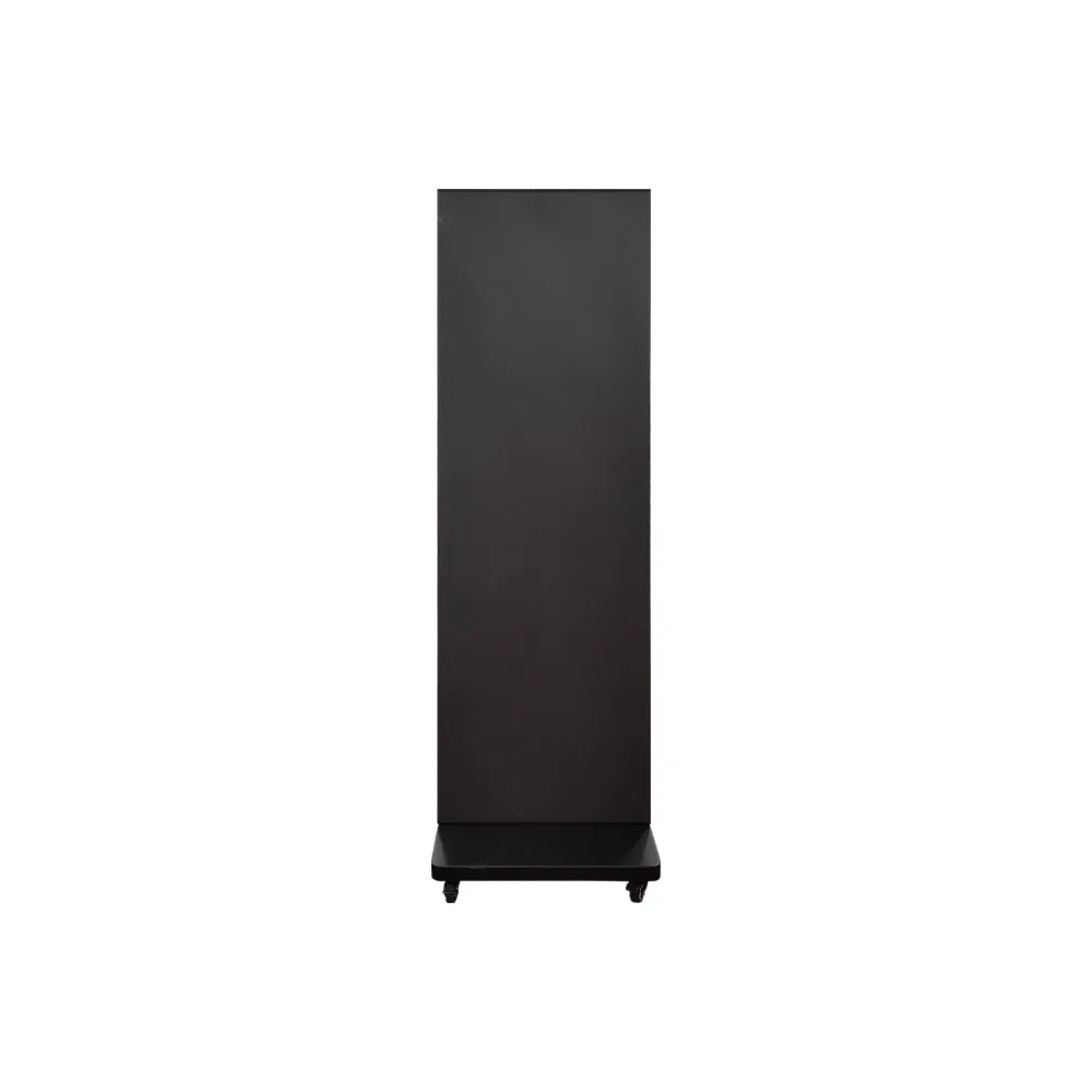 Indoor tri-fold LED poster 1280×1920, front view, panels folded, on caster base