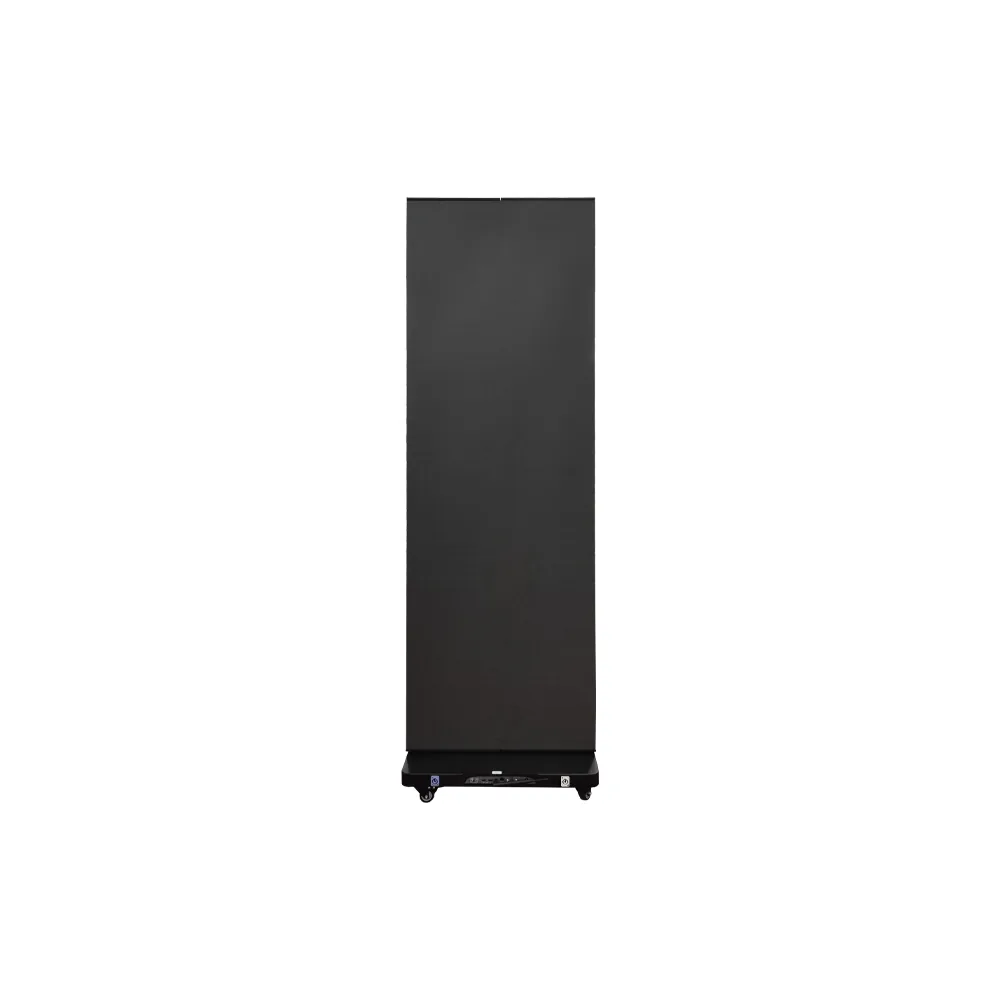 Indoor tri-fold LED poster 1280×1920, narrow front view, panels folded, on caster base