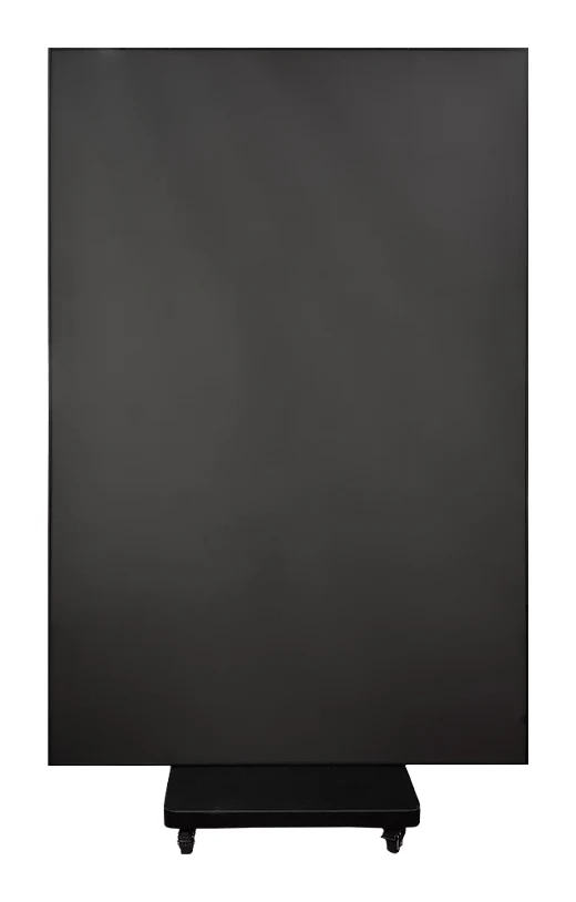 Indoor tri-fold LED poster 1280×1920, front view, unfolded: three screens open, on casters