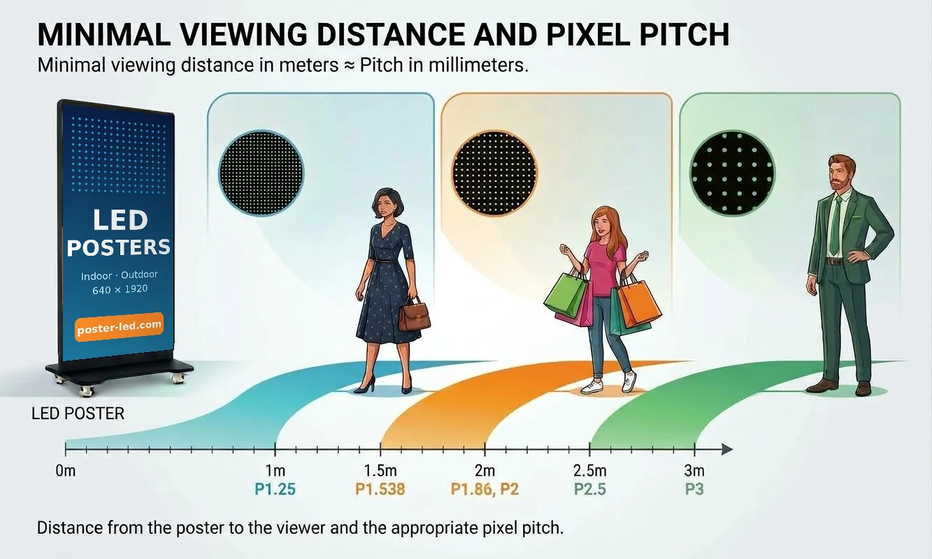 Minimum viewing distance and pixel pitch: 1 m P1.25, 1.5 m P1.538, 2 m P1.86 or P2, 2.5 m P2.5, 3 m P3, with an LED poster on casters